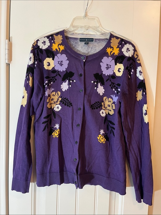Karen Scott Sweaters - Karen Scott Purple Floral Button-Front Cardigan Sweater